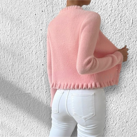 Ruffle eyelash sweater cardigan pink soft fuzzy stretch pearl S 4 XS top t shirt - Picture 2 of 3